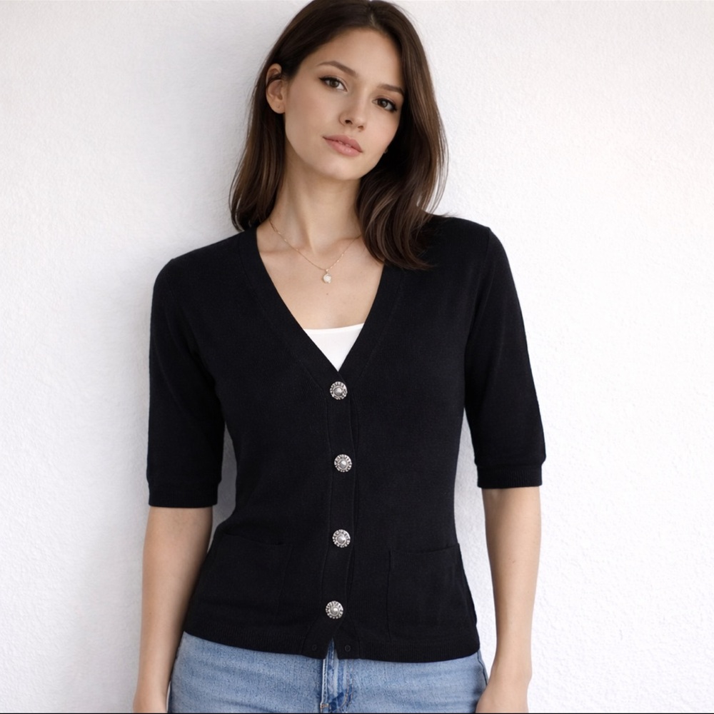 Talbots Cashmere Blend Black Short Sleeve Jeweled-Button Cardigan Sweater - NEW